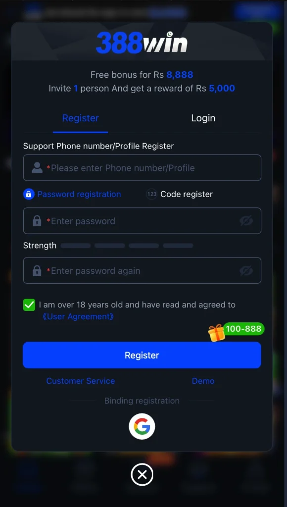 388win game login interface screenshot
